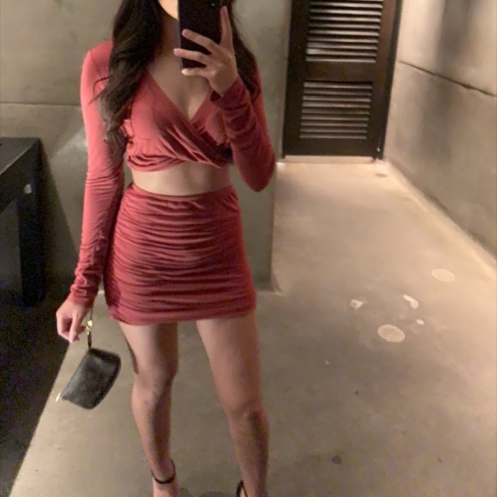 Fashion Nova Mini Skirt and Long Sleeve Crop Top Set